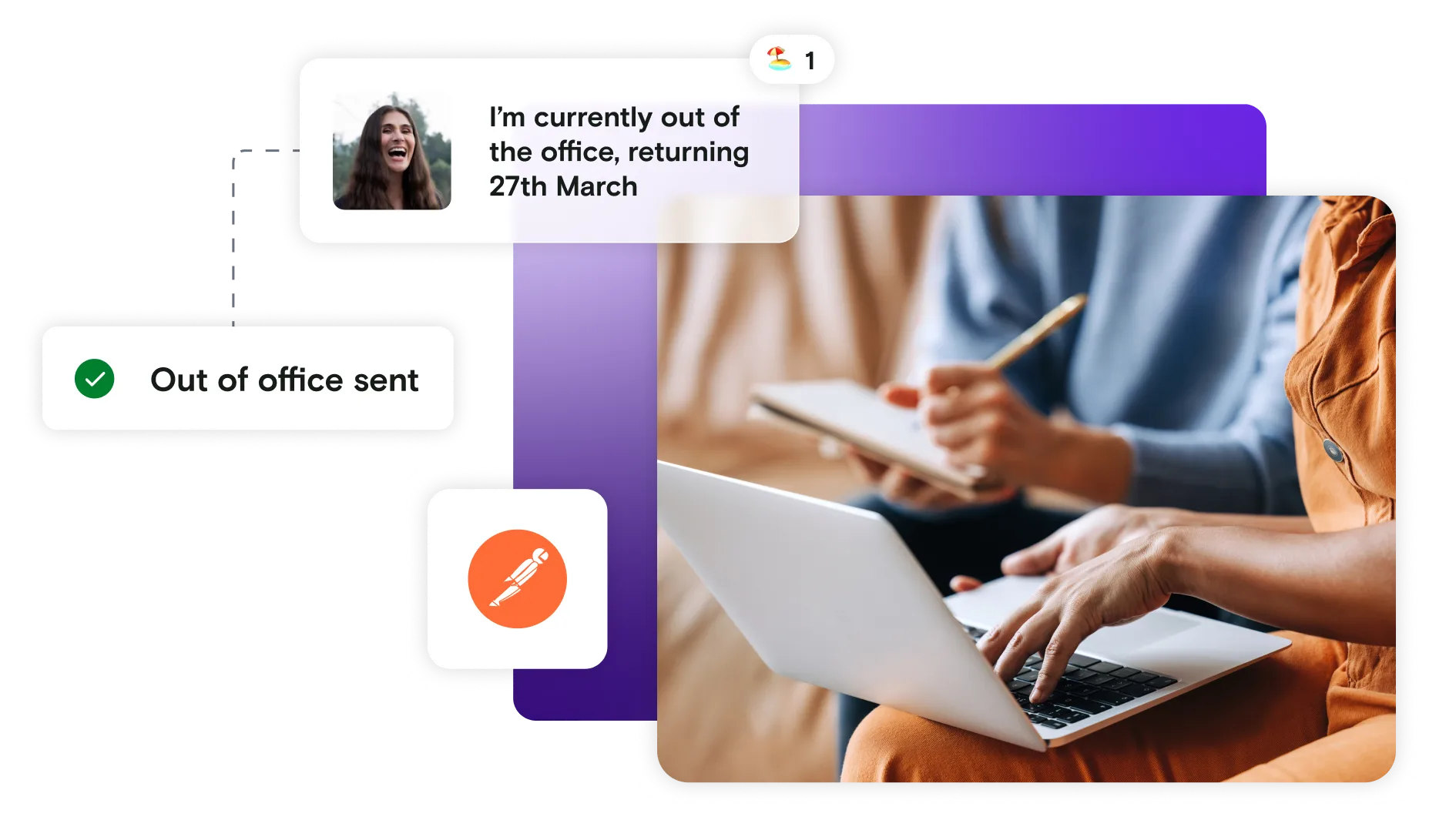 Image of hands on laptop with out of office notification and Postman logo