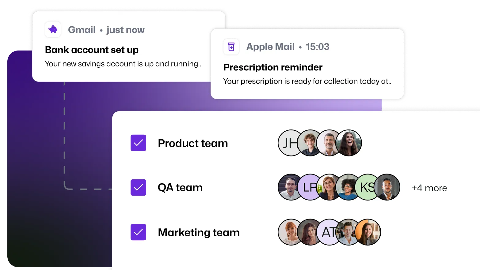 Several teams using Mailosaur, with inboxes split by team, e.g. product team, QA team, and marketing team, all of which show different members
