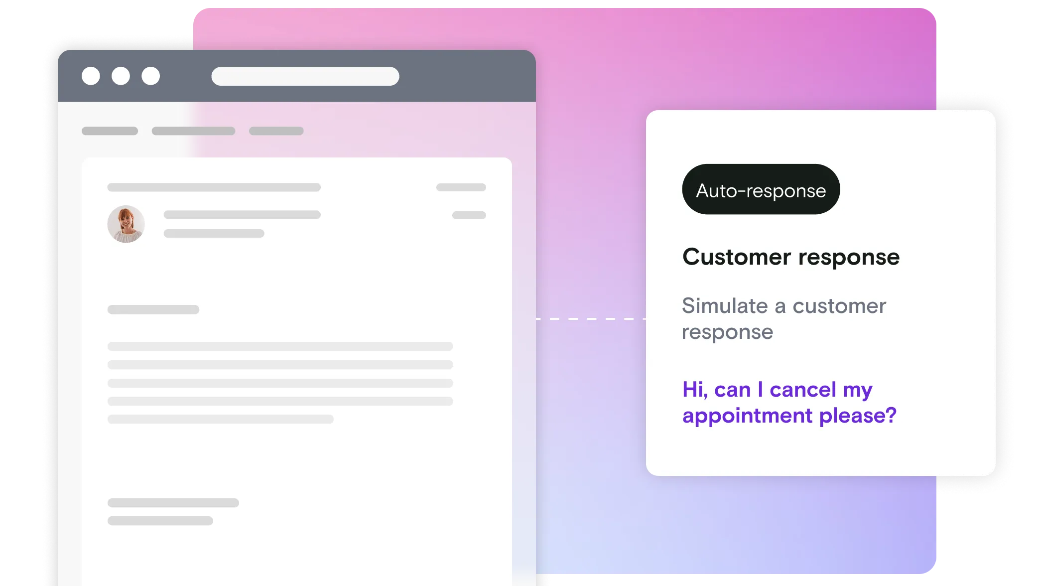 Email illustration with customer response dialog window on gradient background
