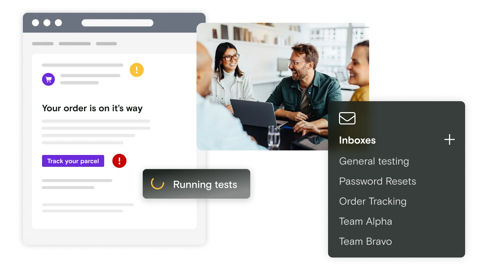 Image of team members on laptop with Inbox window and email illustration