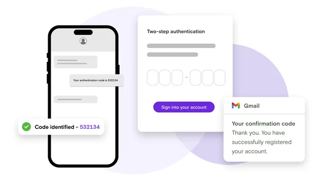 Mobile device with OTP code SMS message and account sign in process