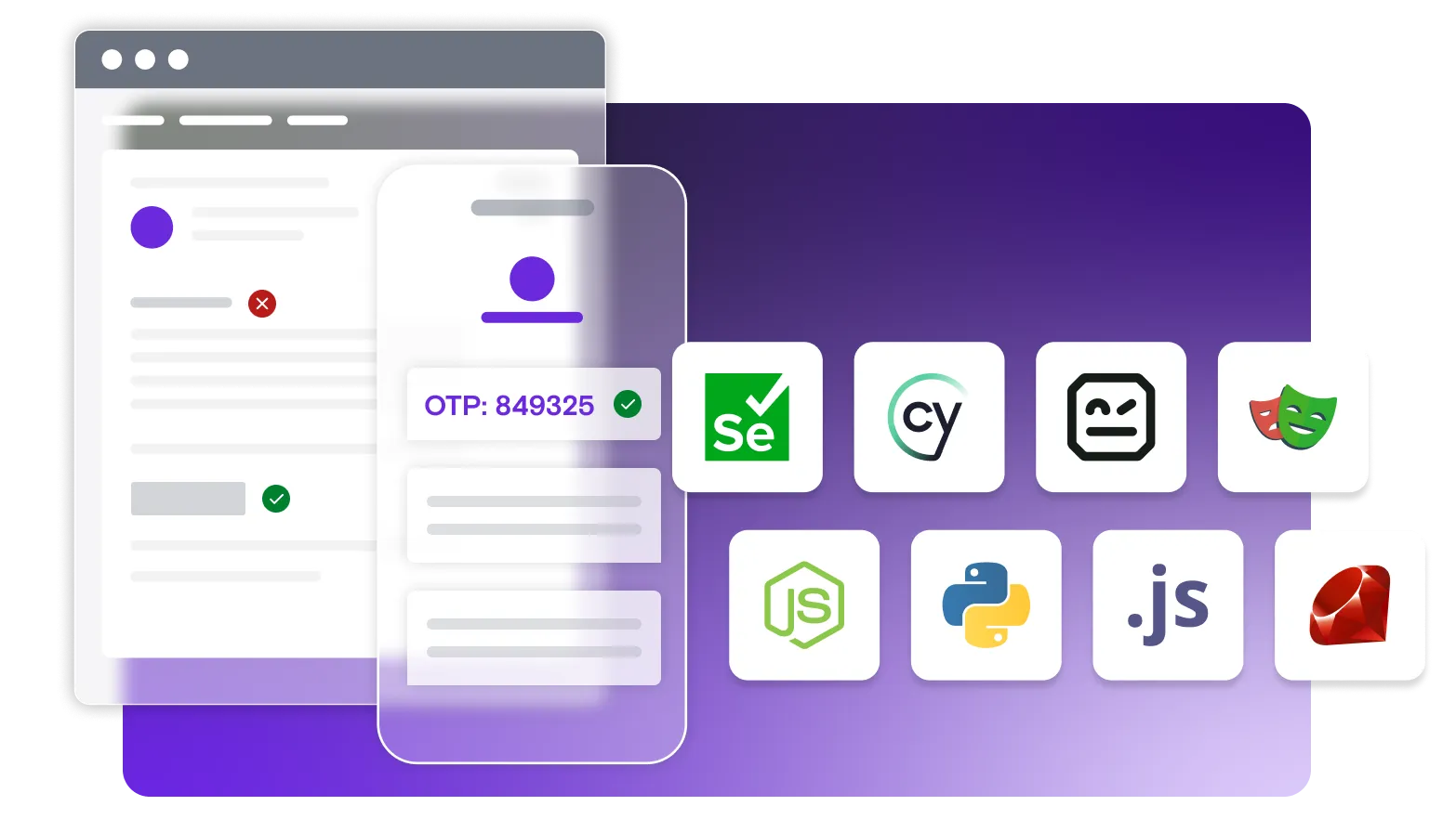 Email and sms illustration with Frameworks and Languages logos on gradient background