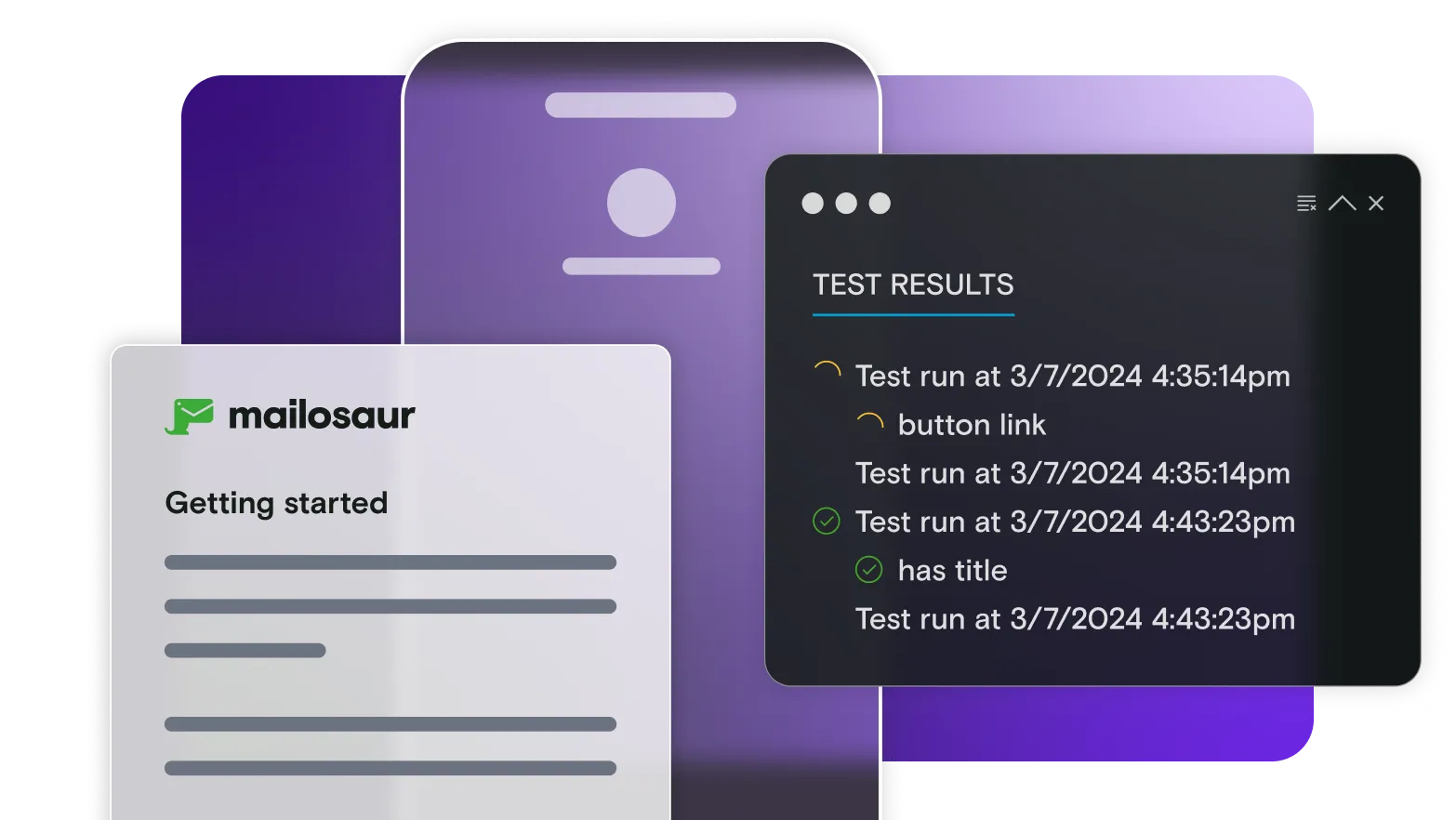 Mobile illustration with test results window and getting started document on gradient background