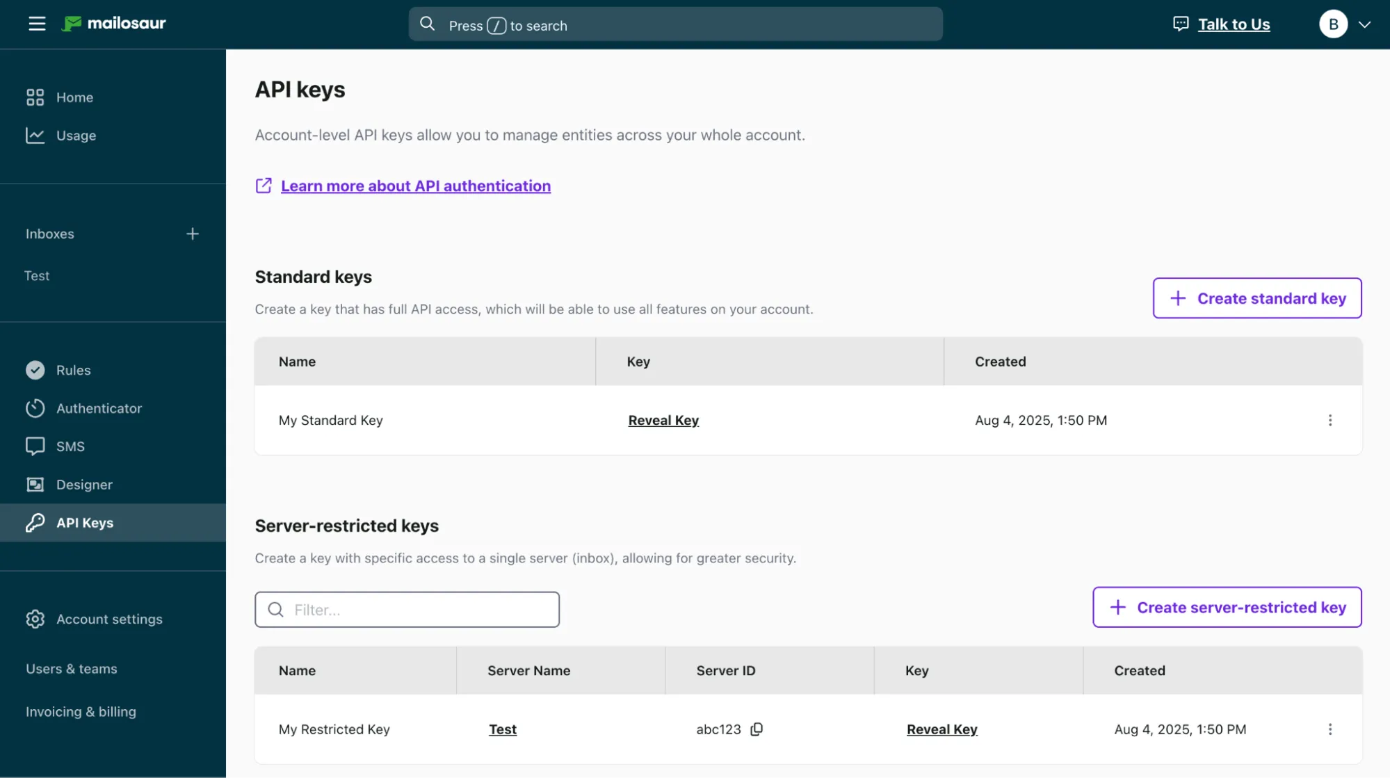 Generating API keys for SMS and email testing with JMeter in the Mailosaur dashboard.
