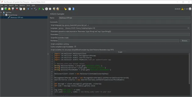 JMeter successfully completing an SMS 2FA/MFA test using Mailosaur.