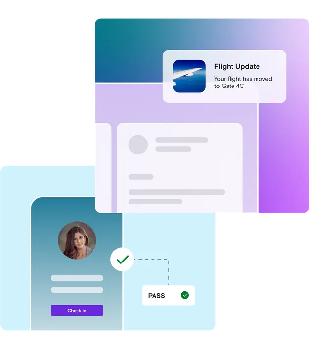 Flight notification and customer identity verification illustration with blue and purple gradient