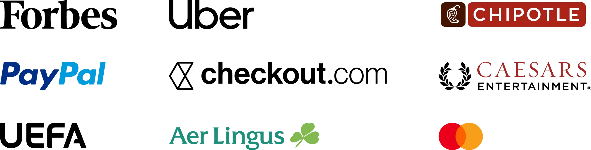 Assortment of brand logos including Forbes, Uber, Chipotle, Paypal, Checkout.com, Caesars Entertainment, UEFA, Aer Lingus and Mastercard.