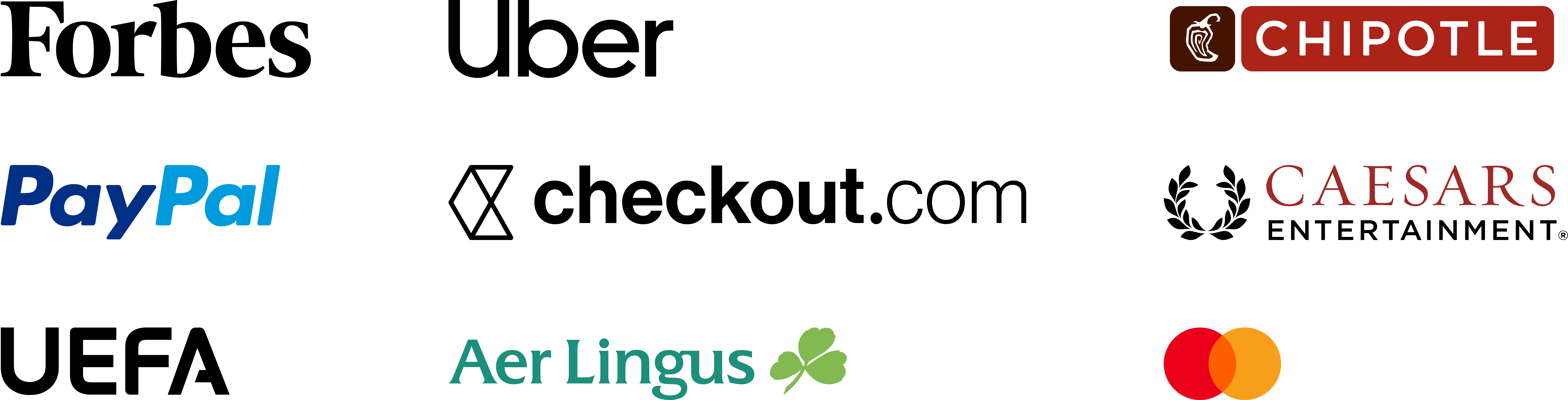 Assortment of brand logos including Forbes, Uber, Chipotle, Paypal, Checkout.com, Caesars Entertainment, UEFA, Aer Lingus and Mastercard.