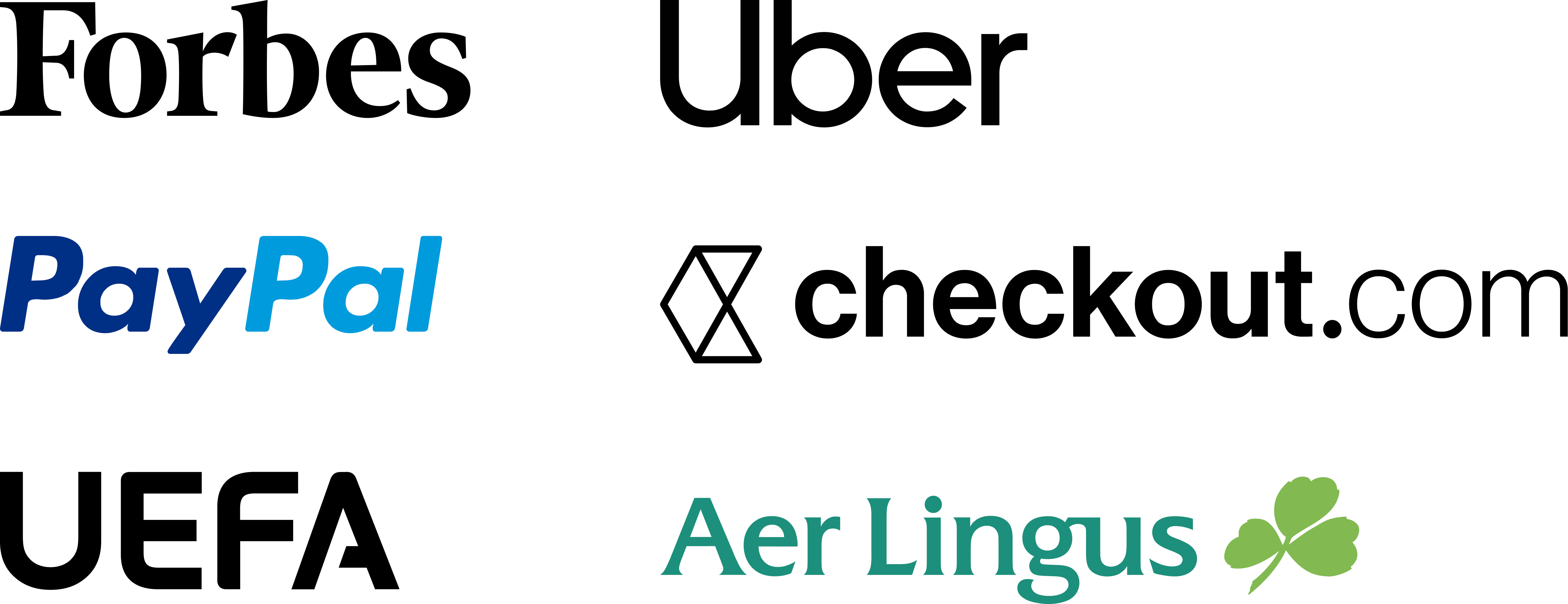 Assortment of brand logos including Forbes, Uber, Paypal, Checkout.com, UEFA and Aer Lingus.