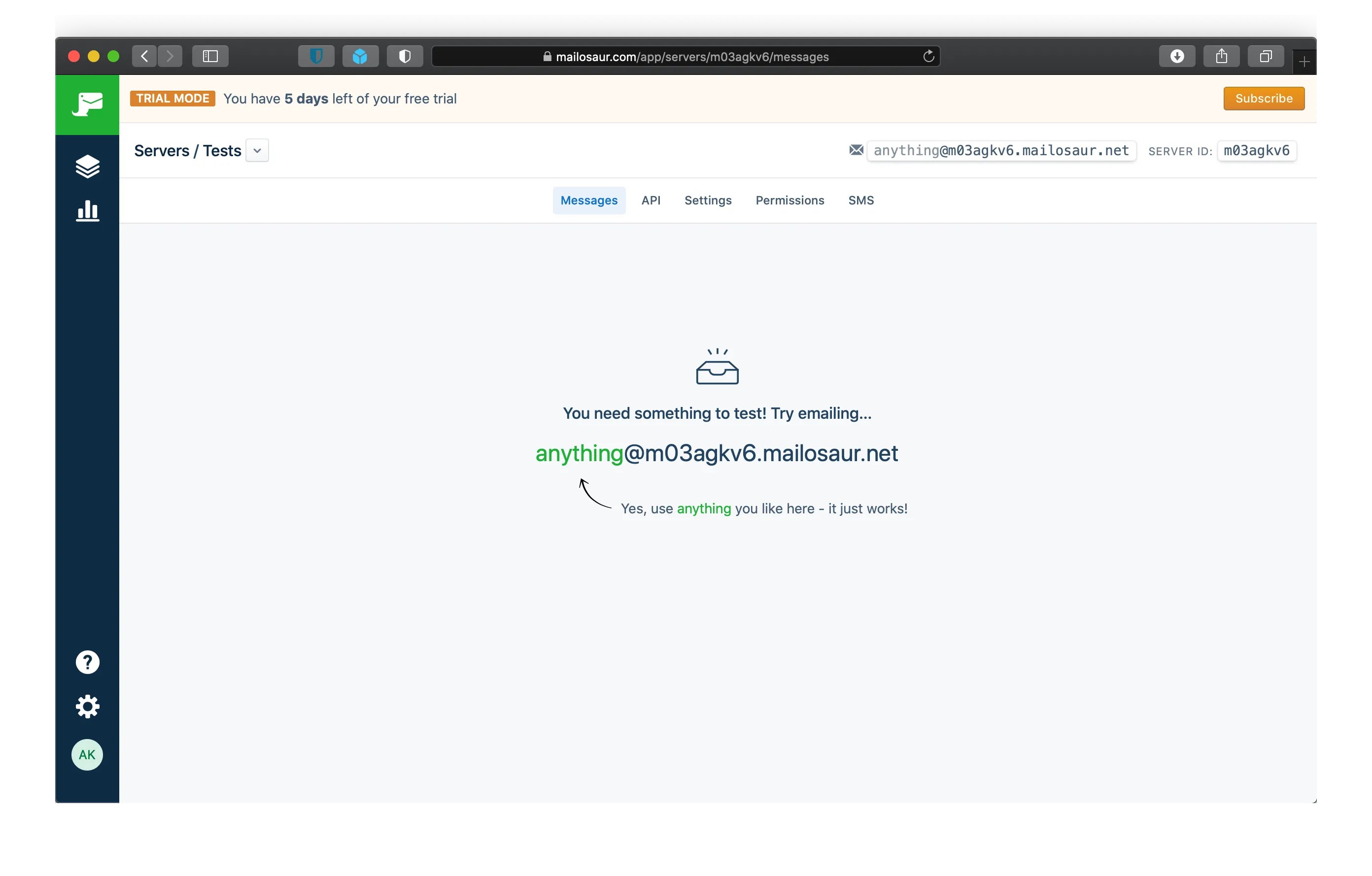 Mailosaur's initial screen