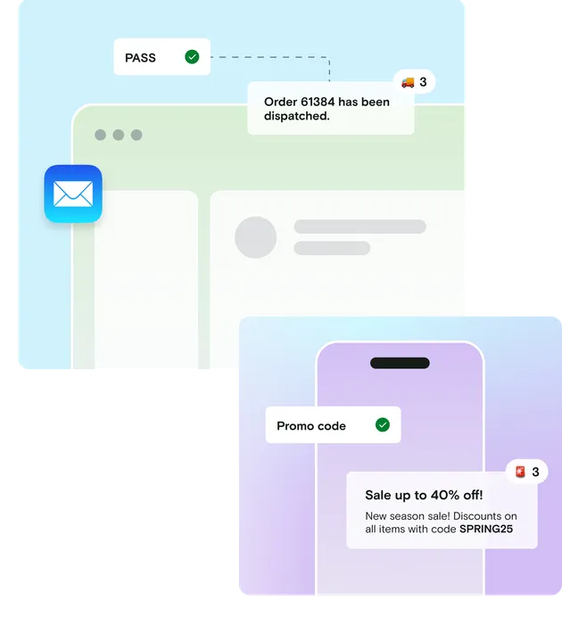 Promo code and order dispatch notification on desktop and mobile with blue and purple gradient