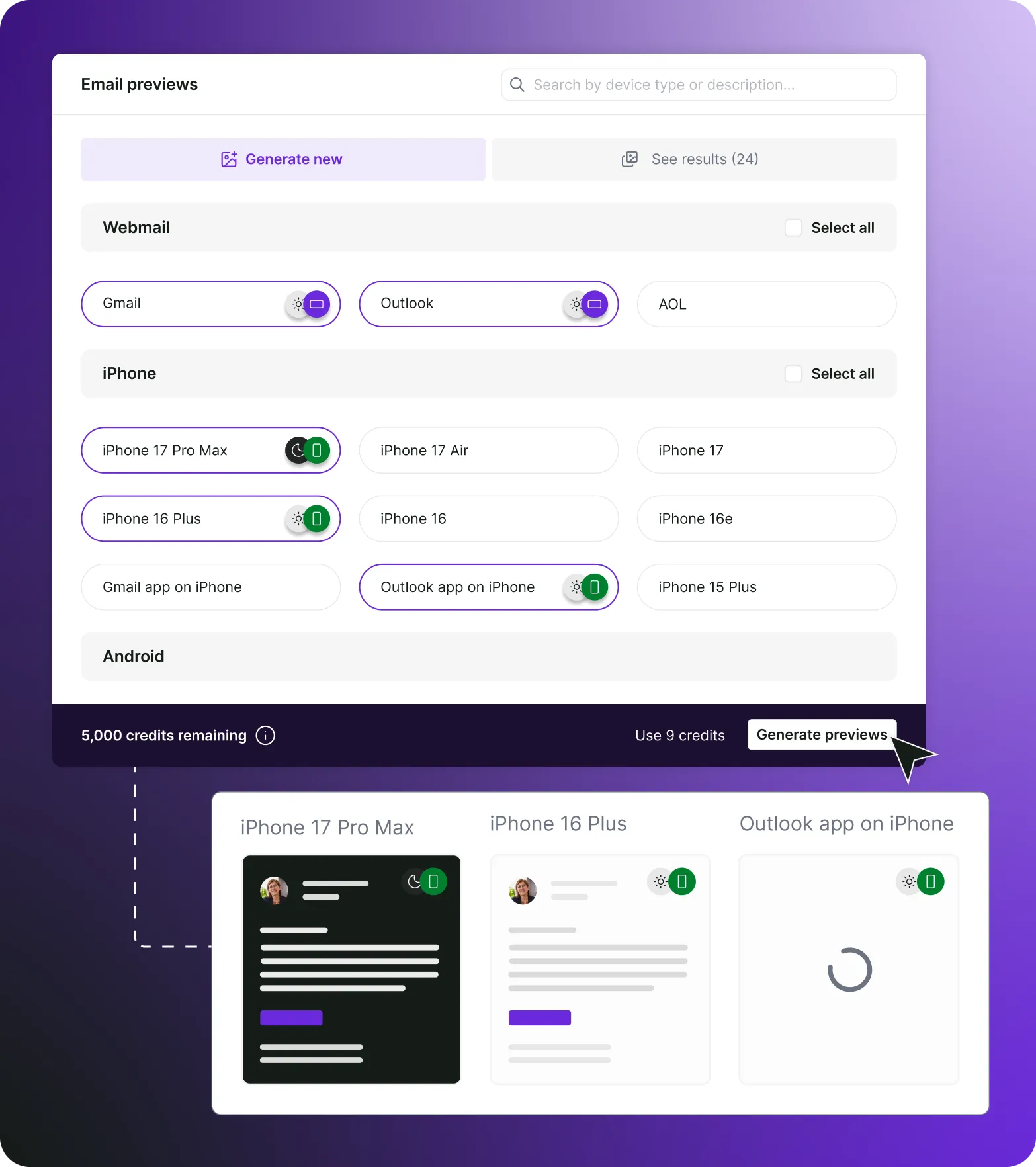 Image showing email previews being generated across different email clients and devices with gradient background