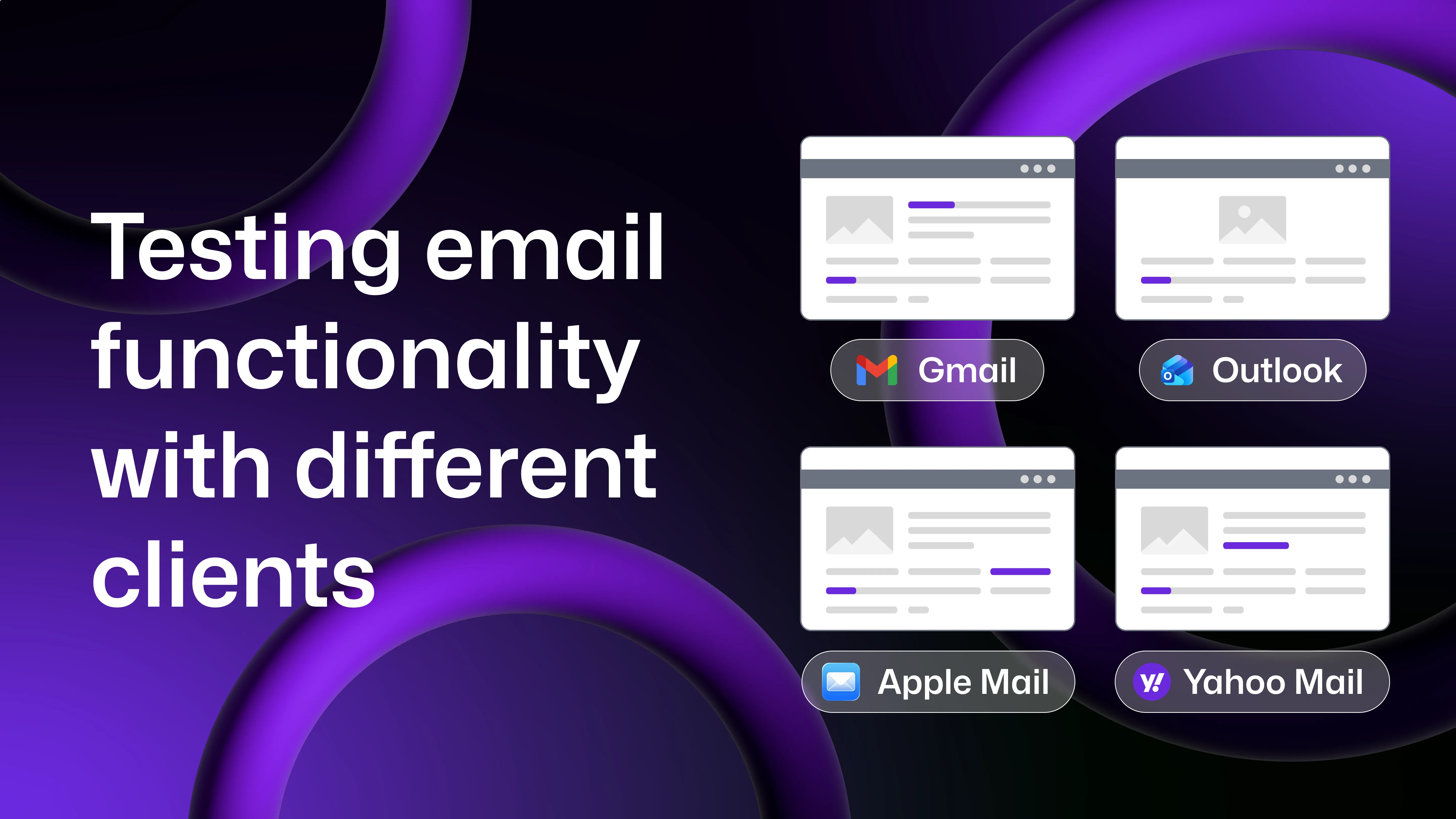 "Testing email functionality with different clients" with 4 windows besides, each showing a mock up of the view of an email client (Gmail, Outlook, Apple Mail and Yahoo Mail) where each shows the same email renders differently