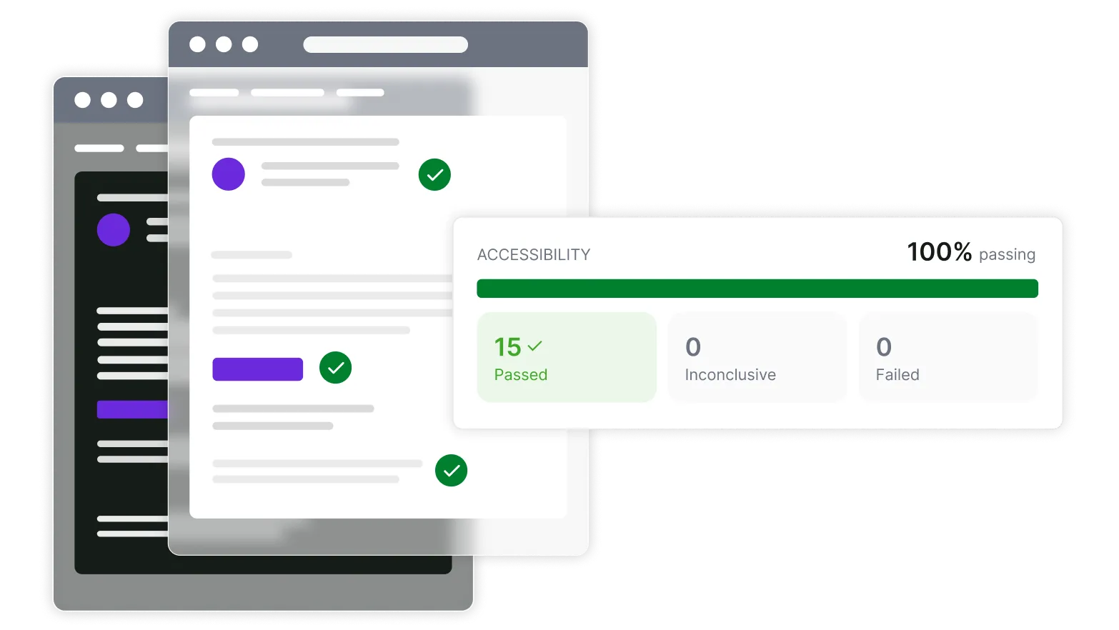 The new accessibility panel in Mailosaur, showing a 100% pass rate to WCAG 2.2 Level AA