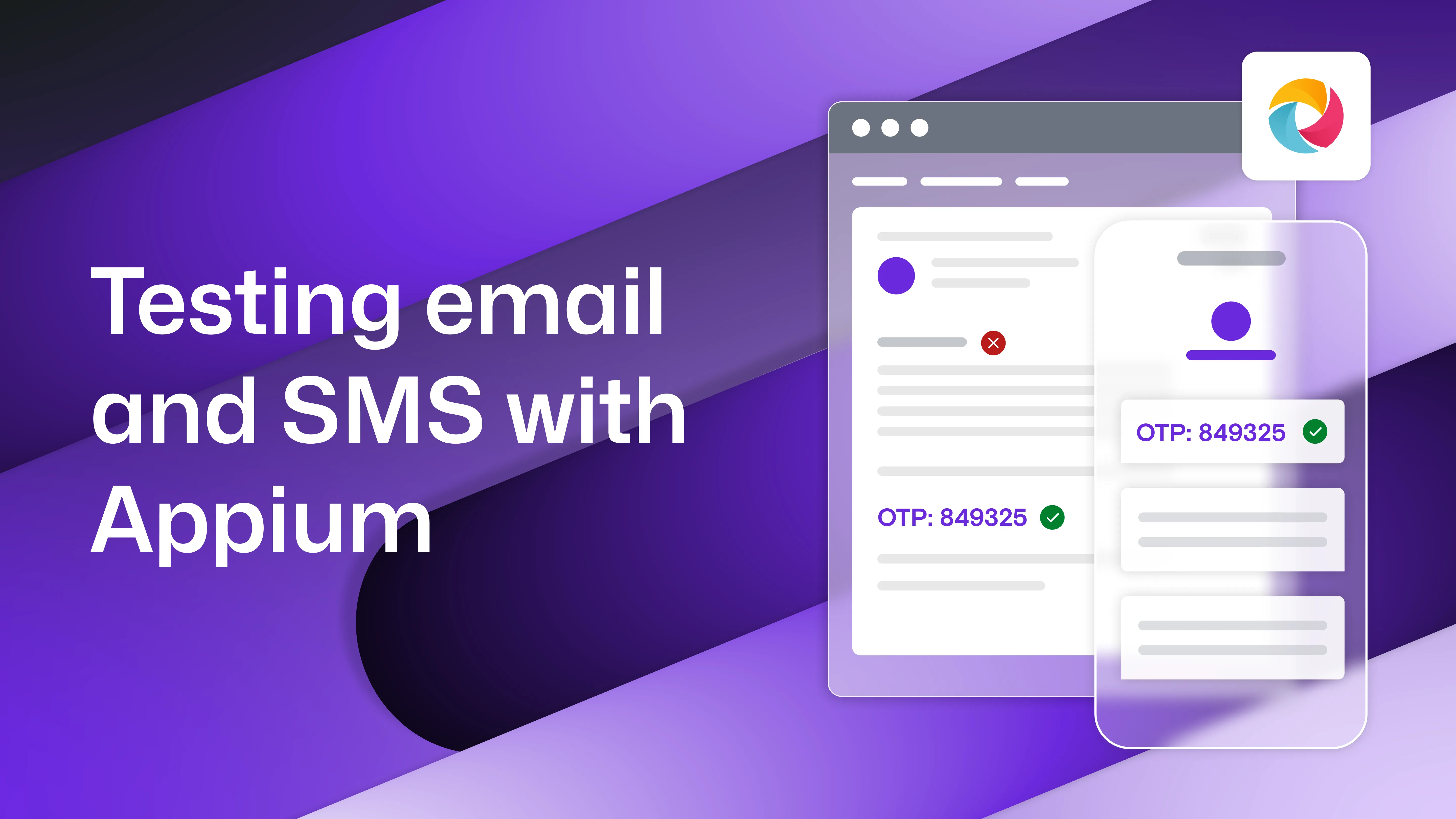 "Testing email and SMS with Appium", with the Appium logo shown and an OTP message on an email window and SMS