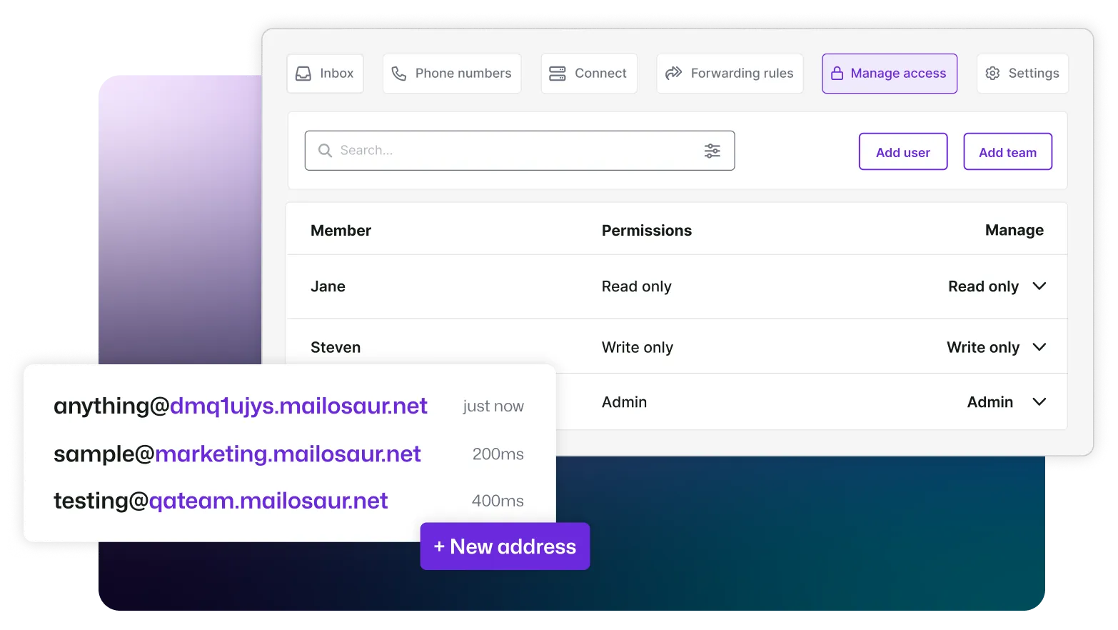 An inbox is shown, with several isolated test email addresses