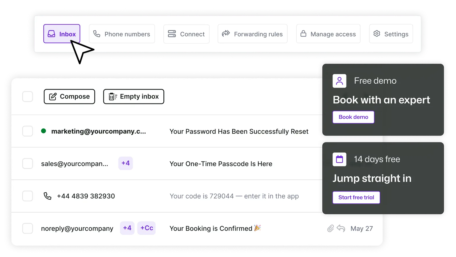 A Mailosaur inbox is shown with several emails and SMS shown, including a password reset, a one-time passcode and a booking confirmation.