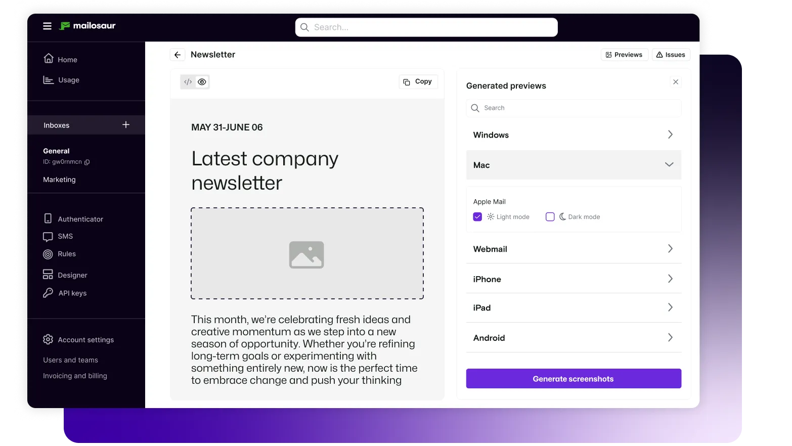 A company newsletter within Mailosaur, with the user about the generate screenshots
