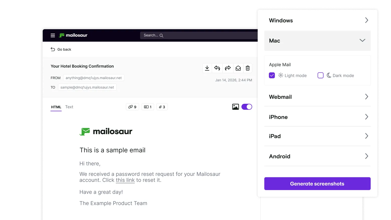 A sample email is shown in Mailosaur, with the user clicking their options to generate an email preview