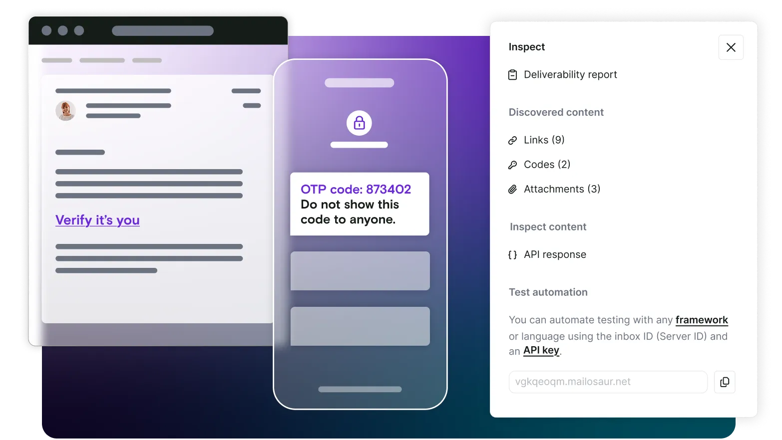 Testing of a one-time passcode email is shown, with Mailosaur automatically showing there are 9 links, 2 codes and 3 attachments within the email