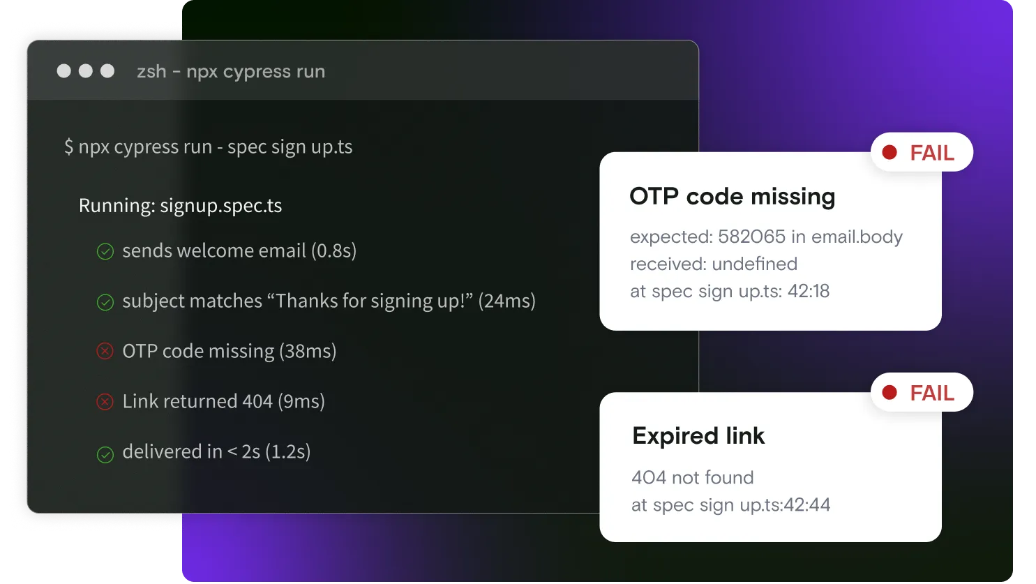 A testrun is shown, flagging a missing OTP and a 404 error returned from the link within an email.