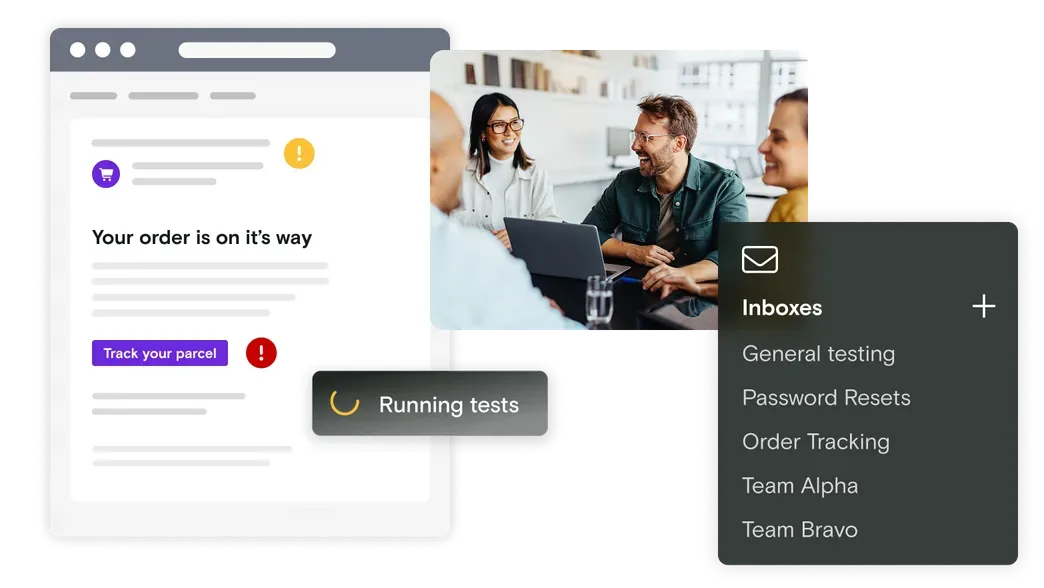 A stock image of a team, with a new window showing they have several inboxes available.