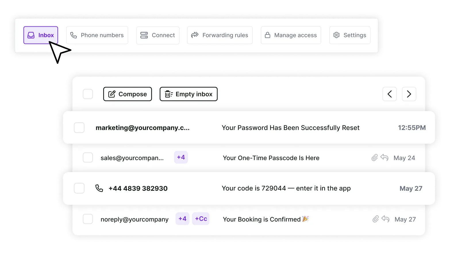 Mailosaur inbox is shown, containing a mix of emails and SMS, with transactional messages like one-time passcode and booking confirmations shown