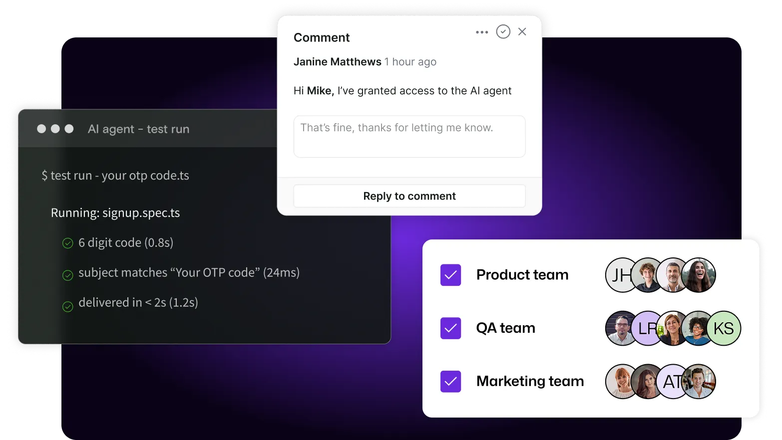 A testrun is shown, aiming for AI to test OTPs, with team access and comments shown besides
