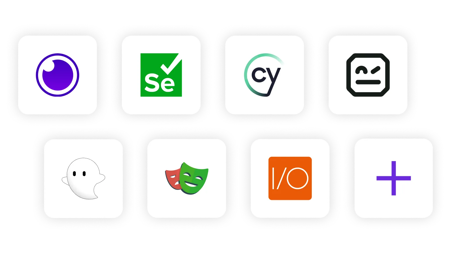 Frameworks logos, including Selenium, Cypress, Robot Framework and Insomnia
