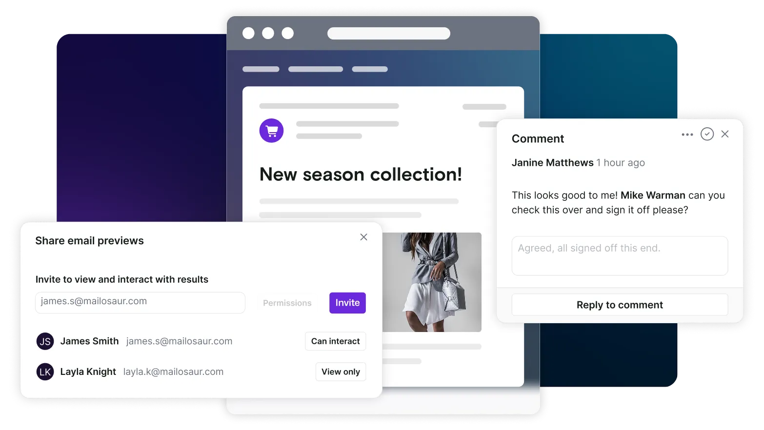 An email is open, with dialogue boxes showing the capability of sharing this with stakeholders, and stakeholders having commented on the design. 