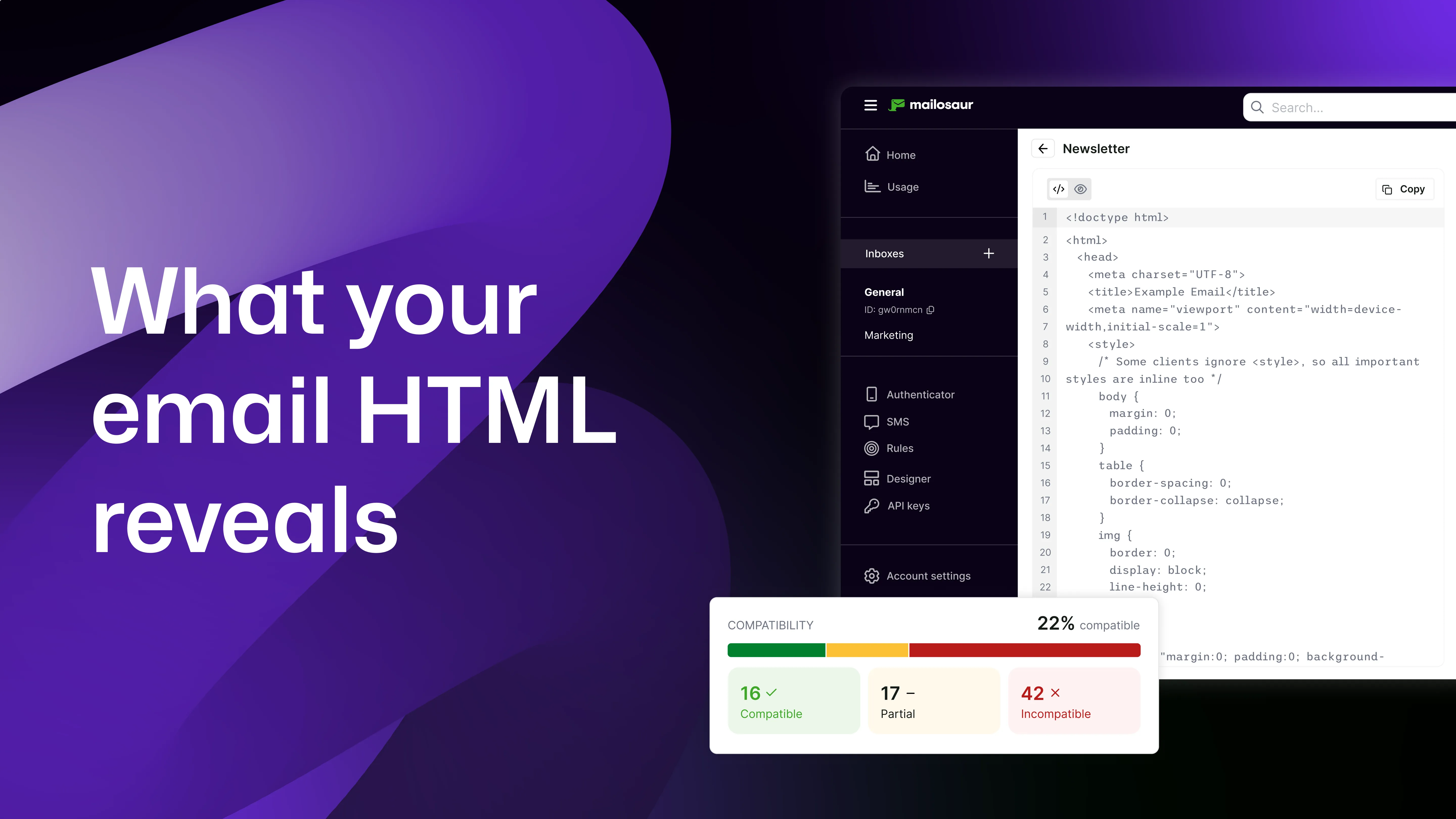 "What your email HTML reveals" with Mailosaur's compatibility tests shown besides