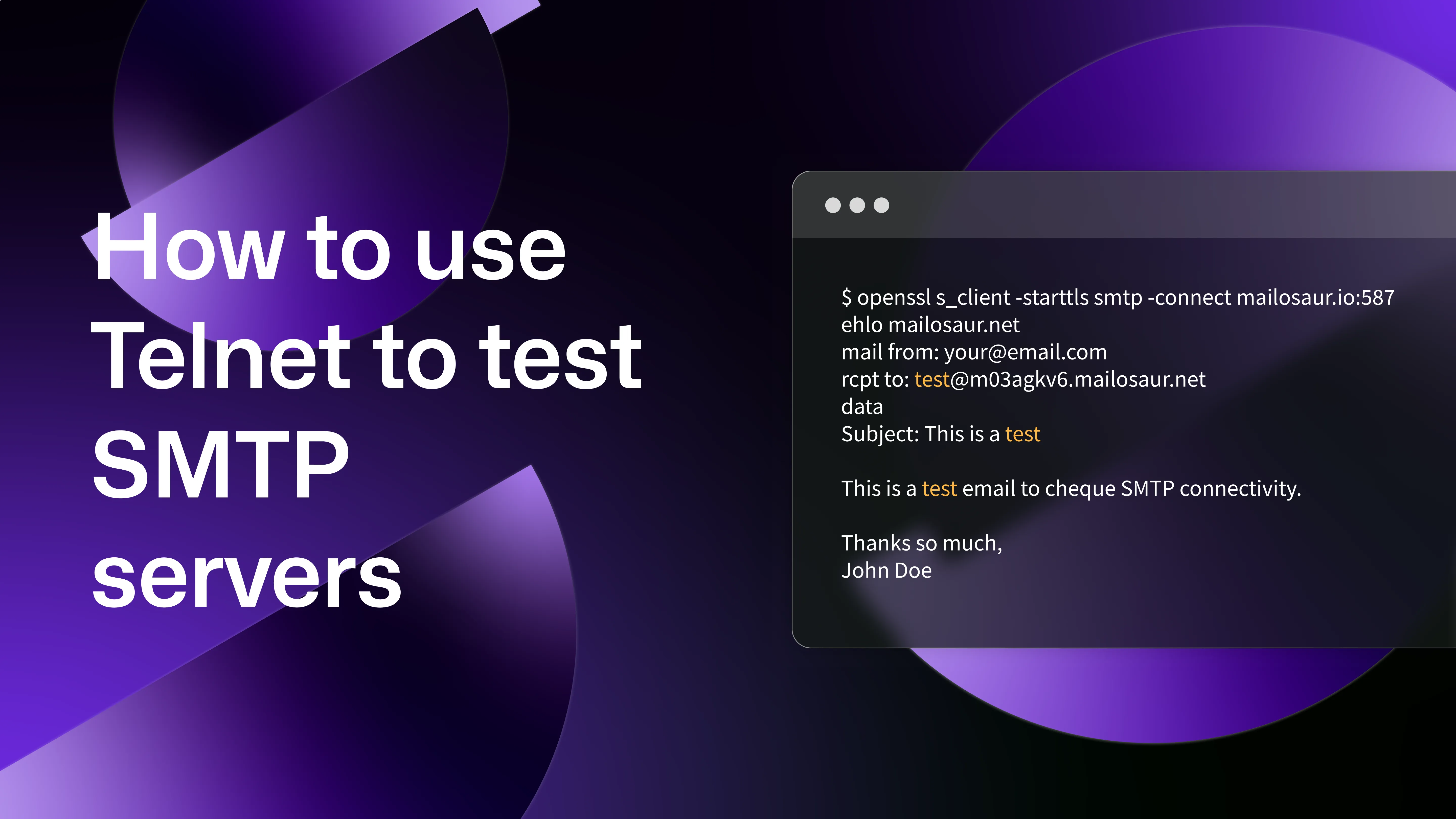 "How to use Telnet to test SMTP servers" with a terminal window showing an email test