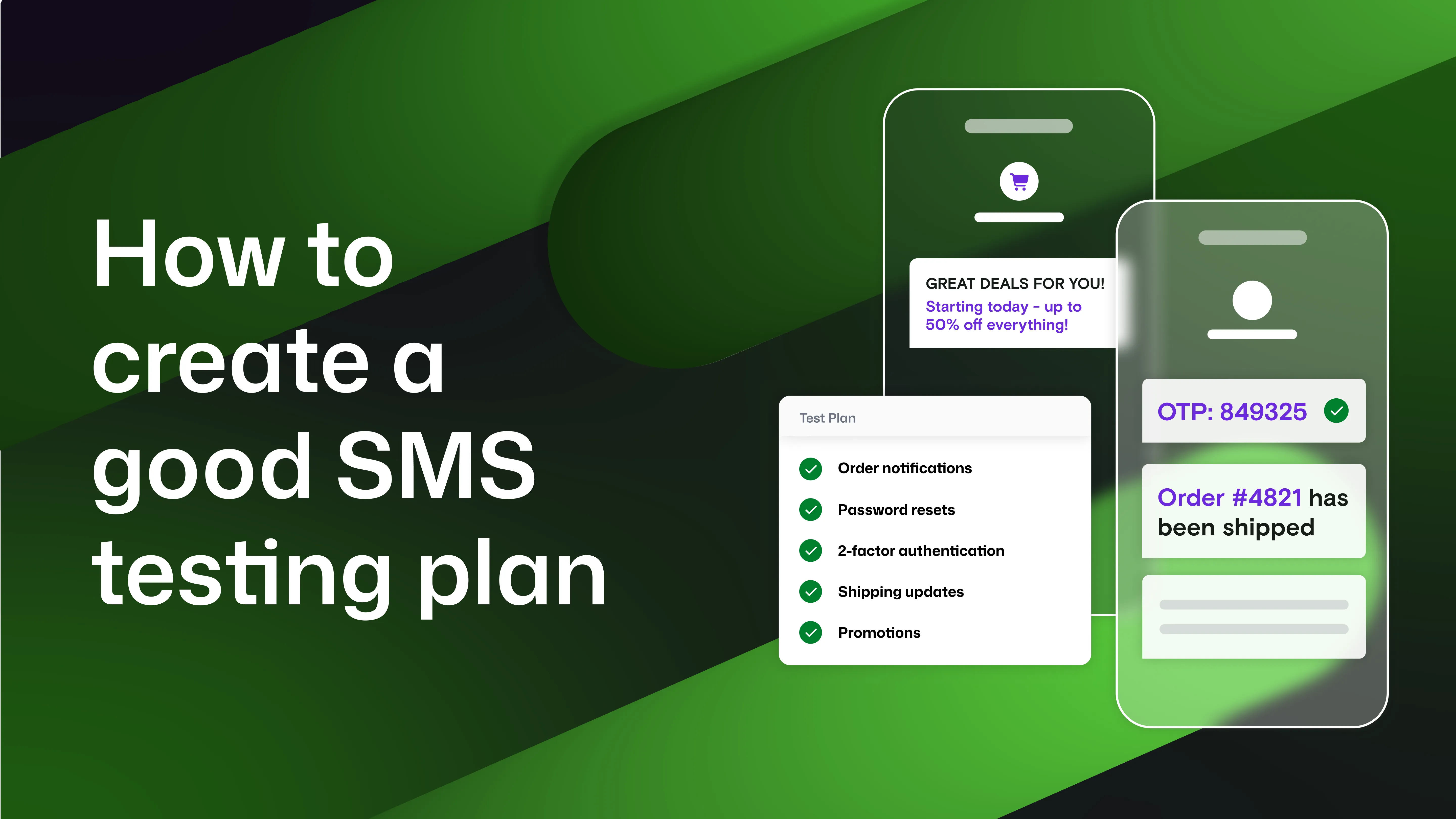 "How to create a good SMS testing plan" with phones showing OTP messages and tests 