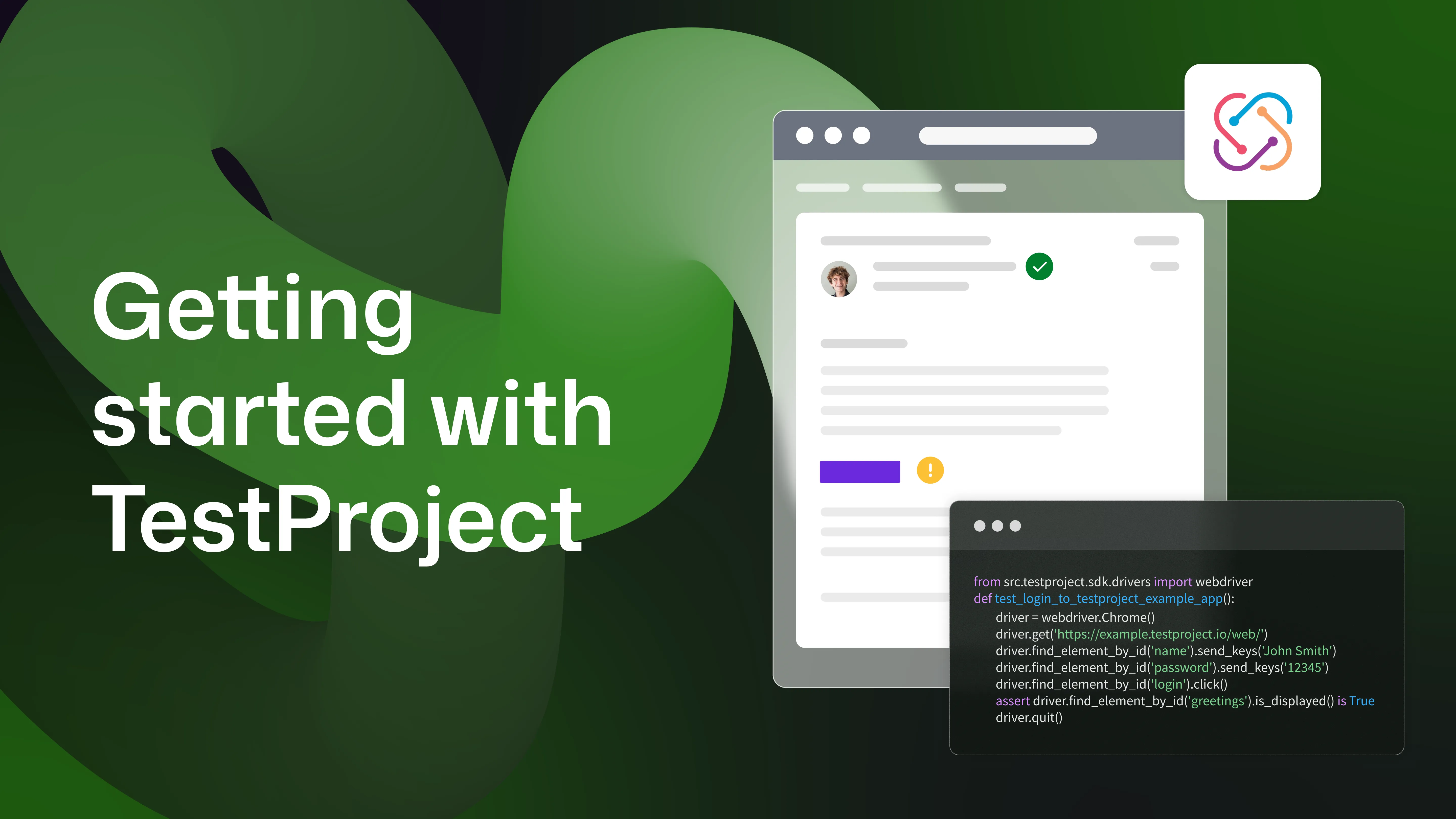 "Getting started with TestProject" with a terminal window, and an email window open flagging issues