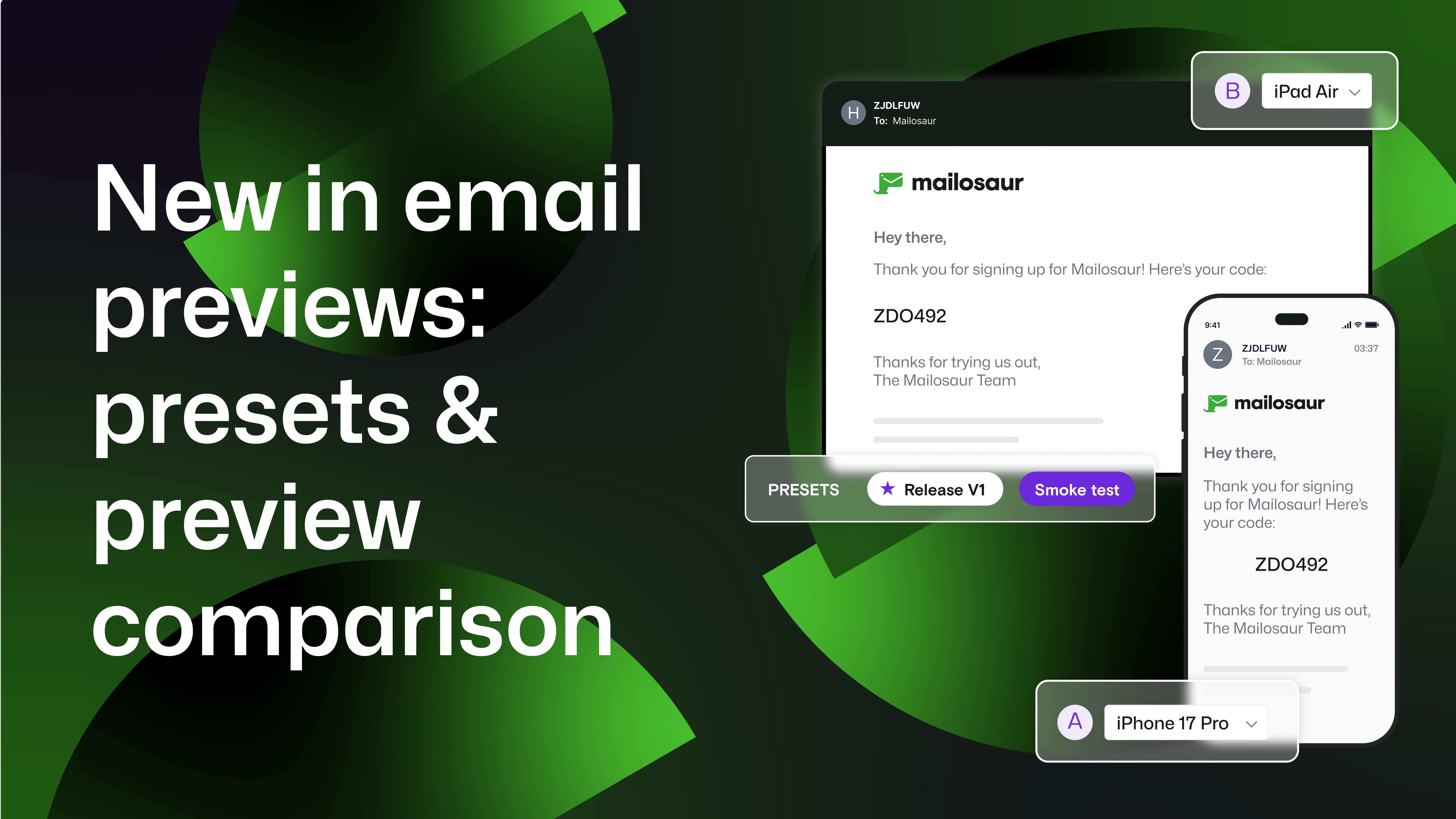 "New in email previews: presets & preview comparisons" shown besides Mailosaur's UI