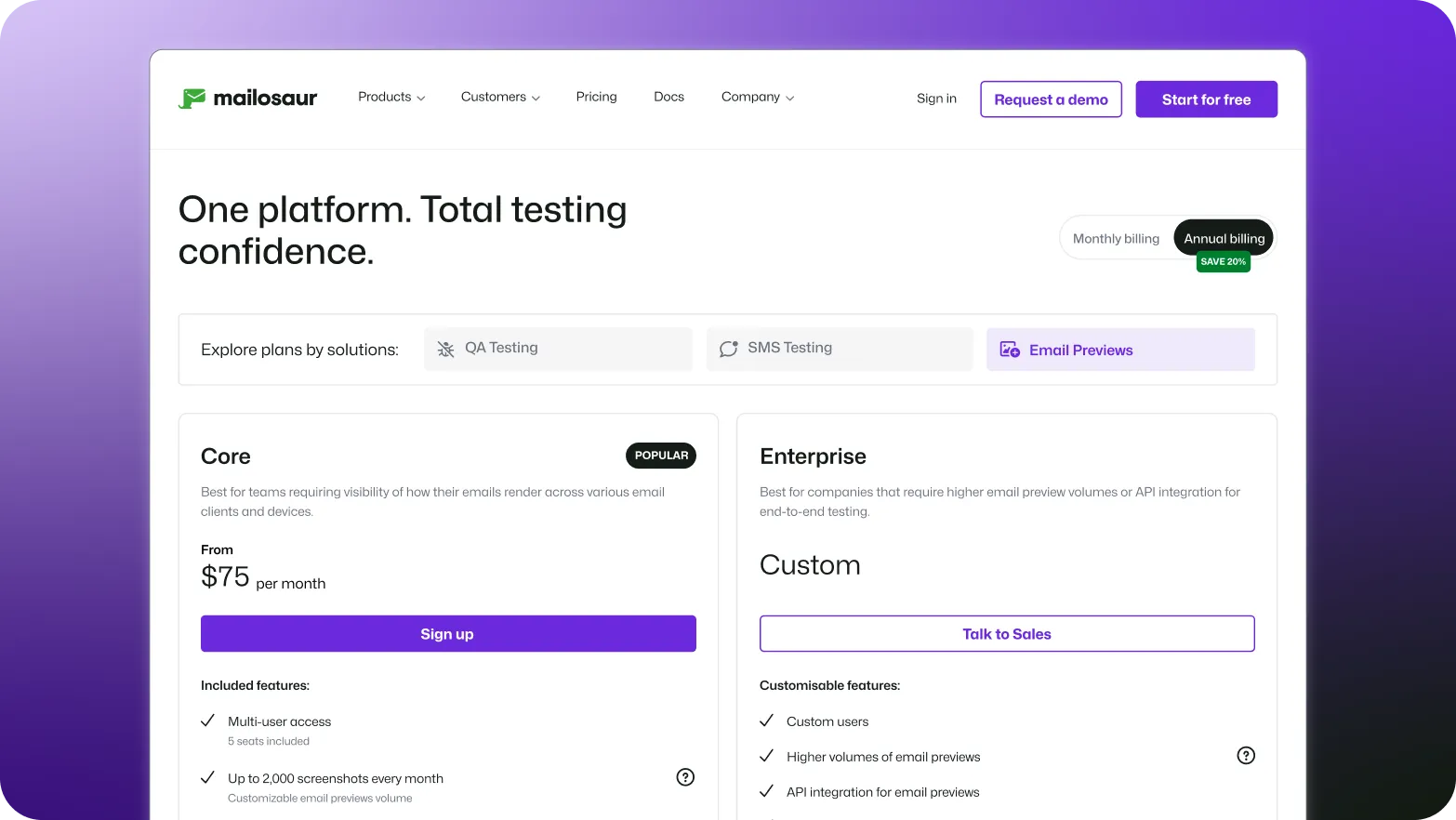 Pricing page snapshot on gradient background