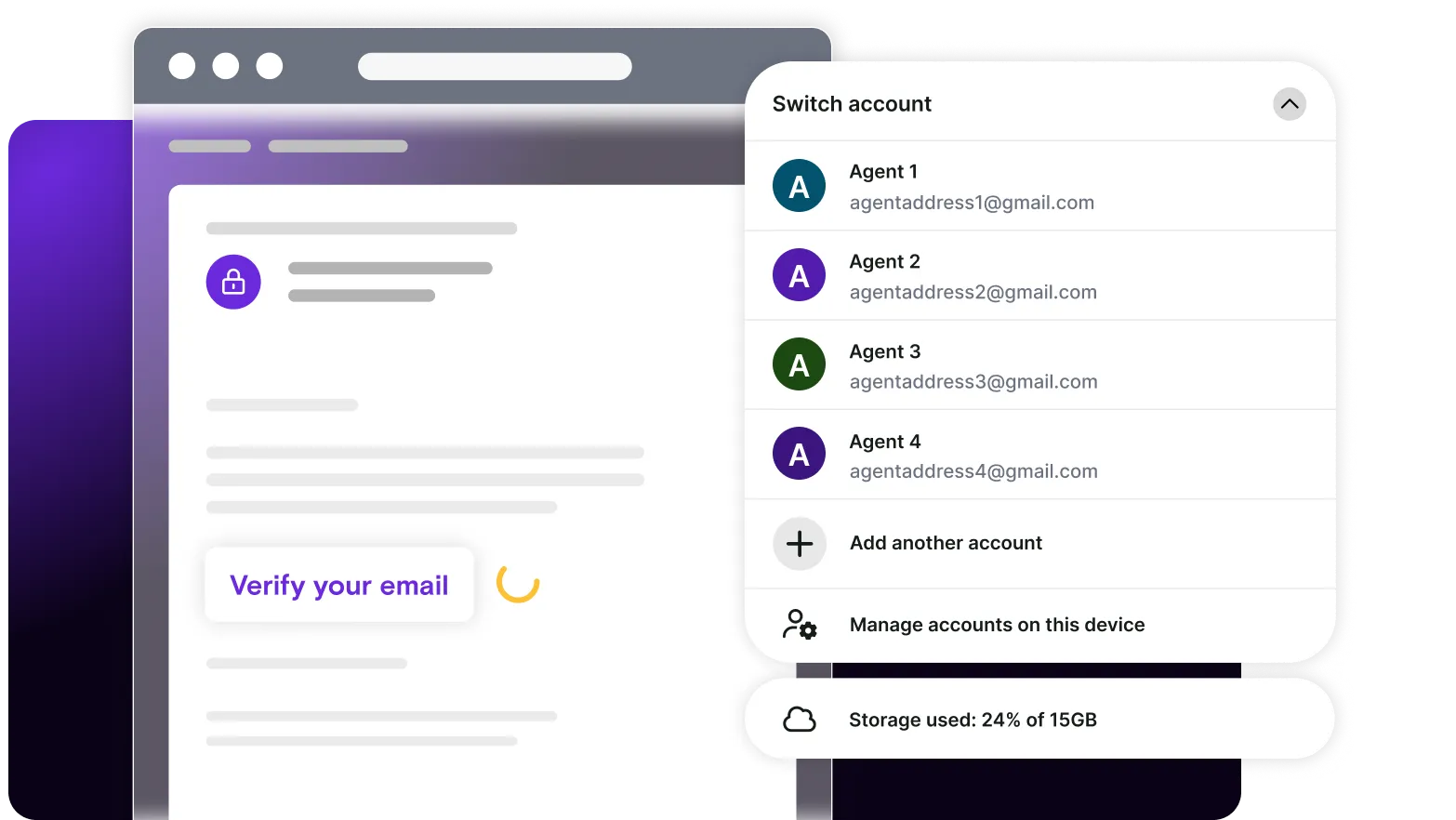 A 'verify your account' email is shown, with access granted to 4 different AI agents
