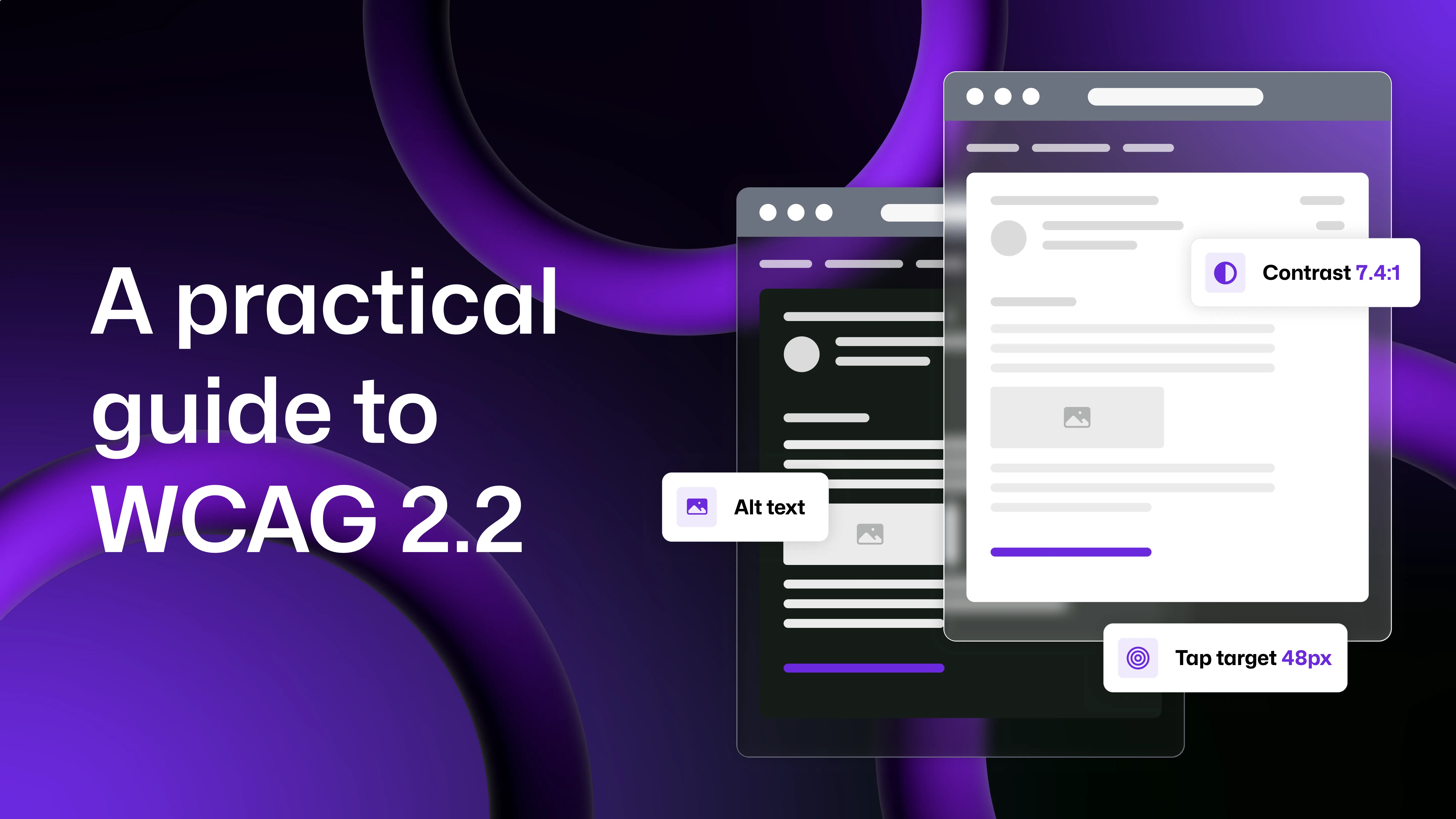 Text reads "a practical guide to WCAG 2.2" with the image beside showing an email being checked for elements of accessibility such as alt text and contrast ratio