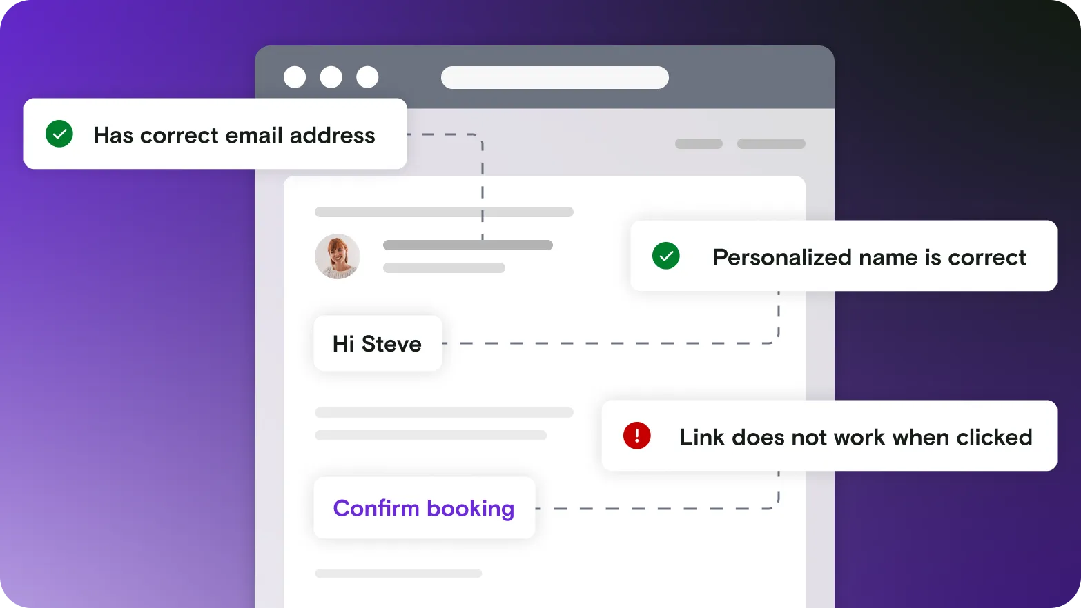 Email illustration with pass and fail notifications on gradient background