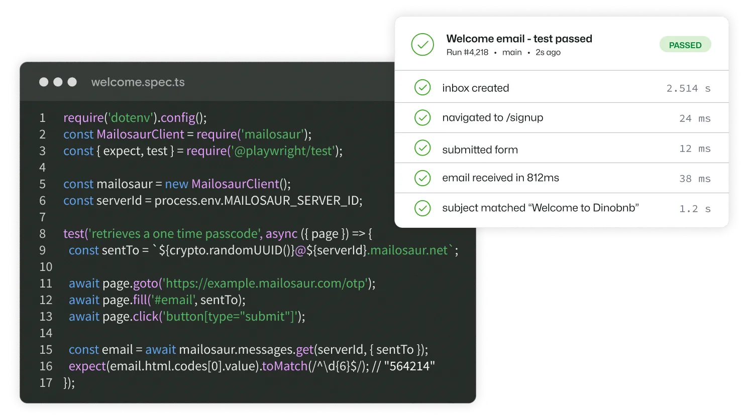 A terminal window is shown, with a testrun list besides showing that a welcome email has passed