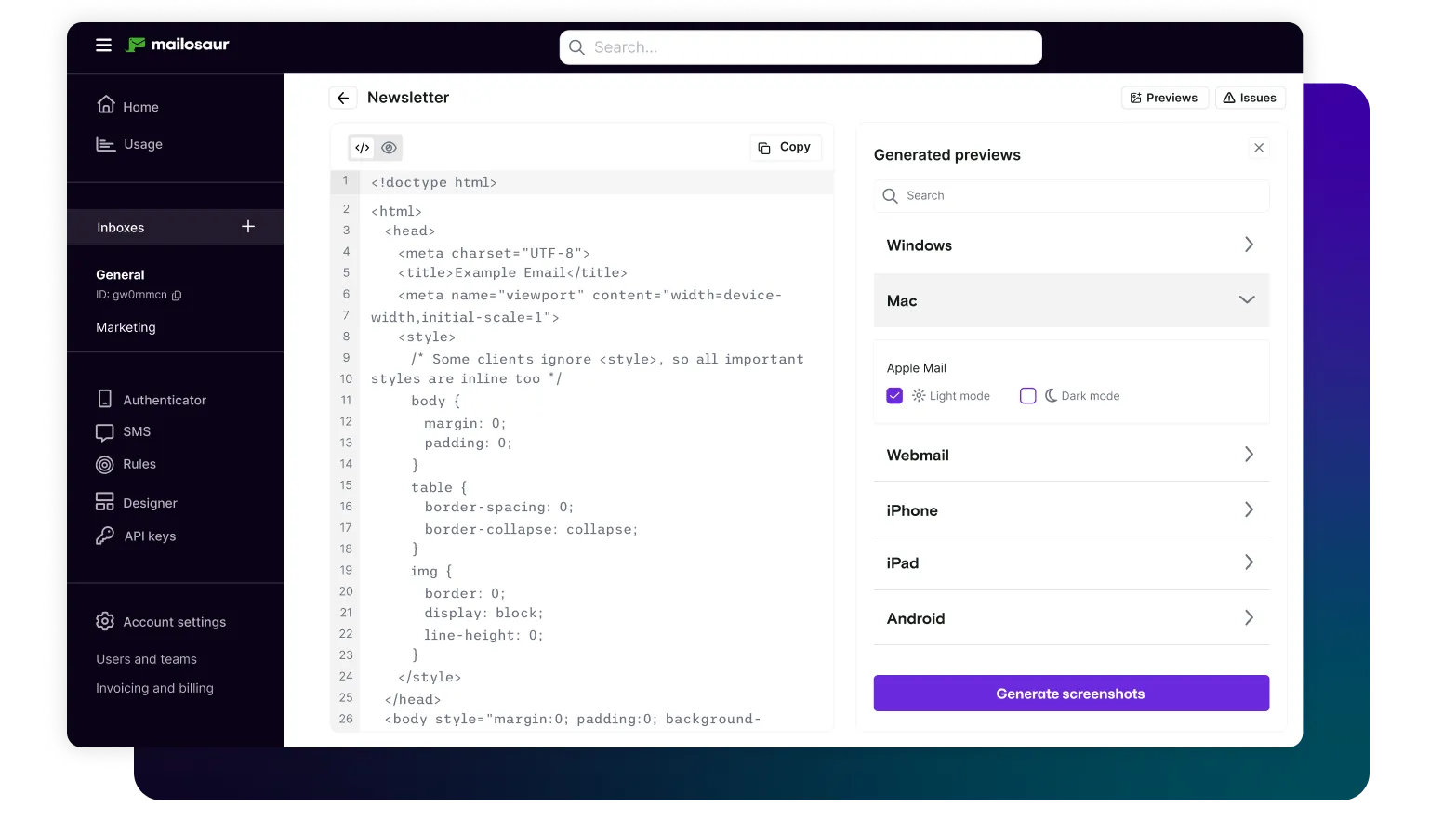 Mailosaur UI showing the potential options to generate an email preview (iPhone, Android, light and dark mode etc)
