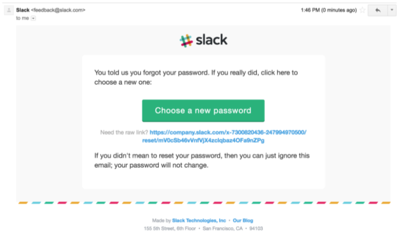 Slack password reset email example